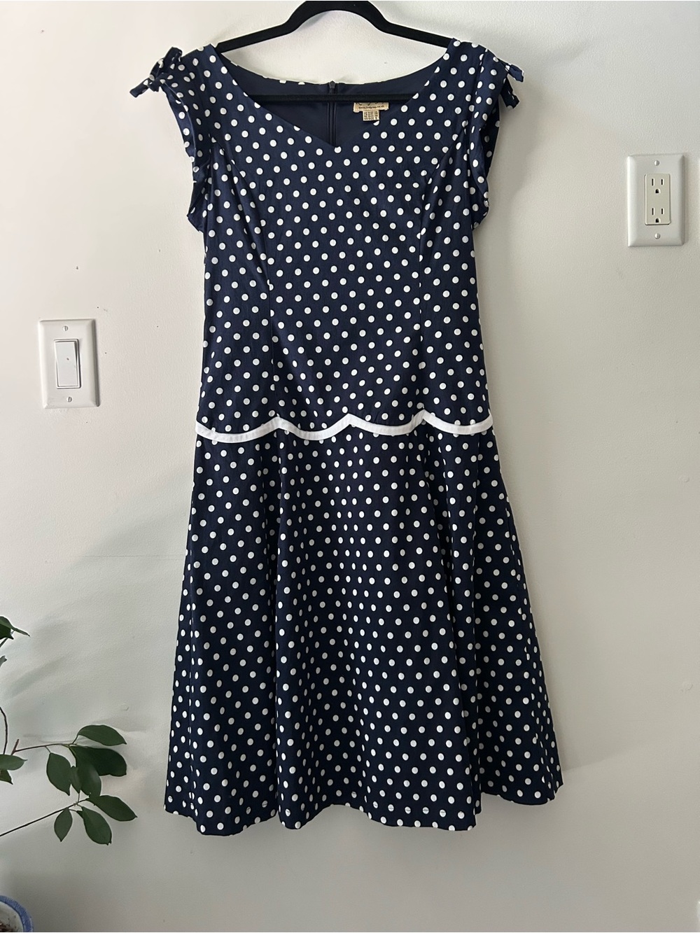 Vintage Lindy Bop Pinup Navy Blue Polka Dot Dress with White Trim